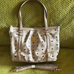 MCM Cream Monogram Tote Bag